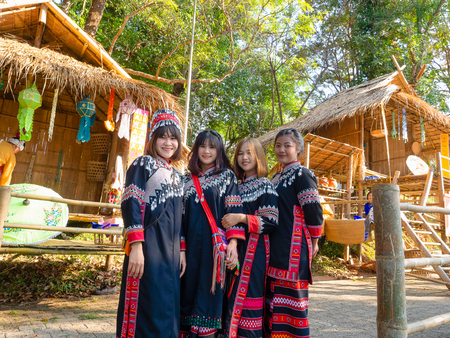 Doi Mae Salong, Chiang Rai - THAILAND, December 28, 2018 : Portrait of group beautiful asian lady Akha tribe in Chiang rai,Thailand.のeditorial素材