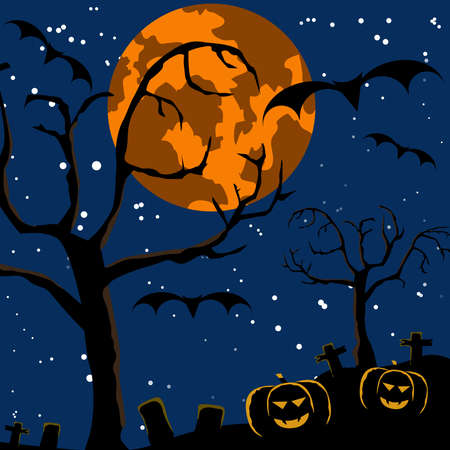 Halloween background. Spooky forest with dead trees and pumpkins.のイラスト素材