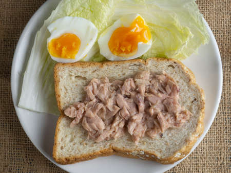 rye bread toast with tuna and boiled egg , healthy food.の写真素材