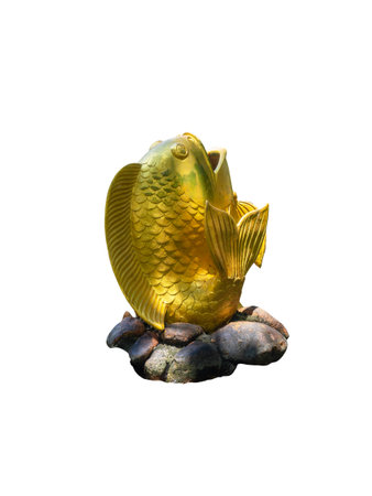 An old fish statue , Decoration. Fountain decorations on white background. (clipping path)の写真素材