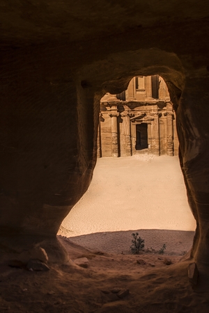 Front view of The Deir or The Monastery from the entrance of the cave, Petra, Jordanの写真素材