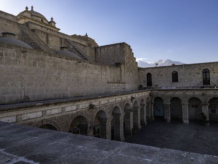 White church with spanish colonial style. The cloister Church of The Company, Arequipa city, Peru