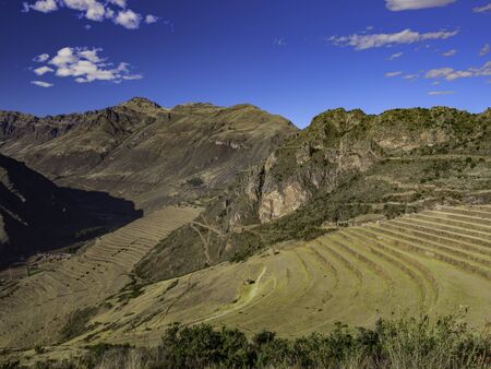 Panoramic view of the ancient Inca ruins of Pisac Archaeological Park. Pisac in the Sacred Valley...