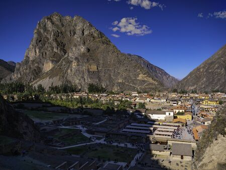 Ollantaytambo Inca ruins. View from Urubamba valley to old village of Ollantaytambo, Cusco region, Peru.の写真素材
