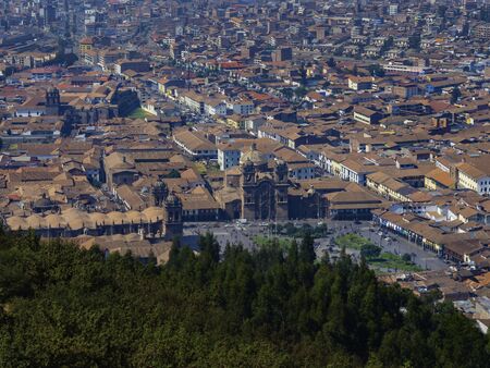 City of Cusco from the top of Sacsayhuaman. Zoom view to Main square Plaza de Armas. Cusco City, Peruの写真素材
