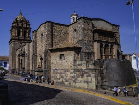 Side view of colonial church of Koricancha (Coricancha or Temple of the Sun) is built on top of an...