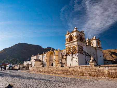 Reconstruction of a white church built by the Spanish conquerors. Village of Yanque, Colca Valley, Peruのeditorial素材