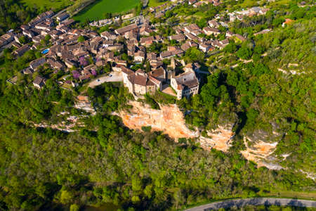 Aerial panorama of the medieval village of Bruniquel, an authentic architectural jewel.の写真素材