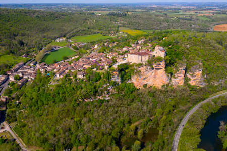 Aerial view of Bruniquel Castle in a medieval village, Tarn, Midi-Pyrenees, Occitania, Franceのeditorial素材