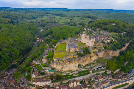 Aerial view of Castle of Beynac, village of Beynac and Cazenac on the Dordogne, France Aquitaine, Southern Franceのeditorial素材