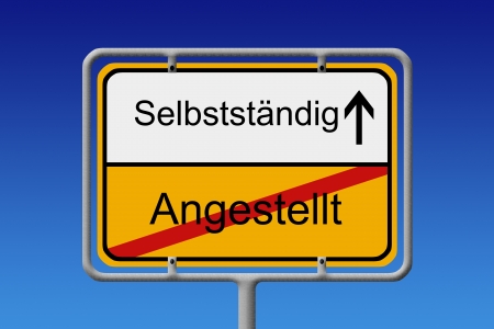 Illustration of a German City Sign with the words angestellt -selbststandig  employed  - self-employed  の写真素材