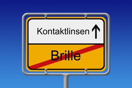 Illustration of a German City Sign with the words brille -kontaktlinsen  glasses  - contact lens の写真素材