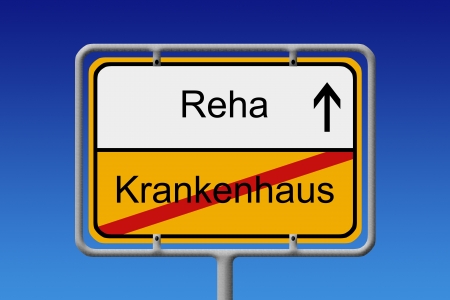 Illustration of a German City Sign with the words Reha - Krankenhaus  Hospital -  rehabilitation の写真素材