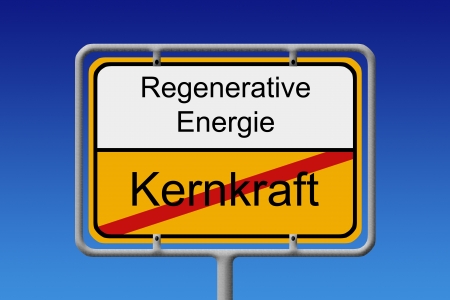 Illustration of a German city sign with the word nuklear power  crossed out  renewable energyの写真素材