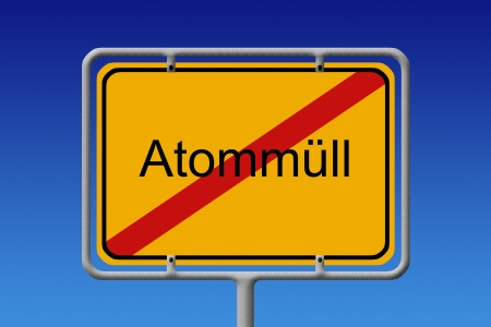 Illustration of a German city sign with the word nuklear waste  crossed out  の写真素材