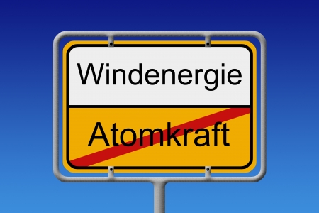 Illustration of a German city sign with the word nuclear power  crossed out  wind energyの写真素材