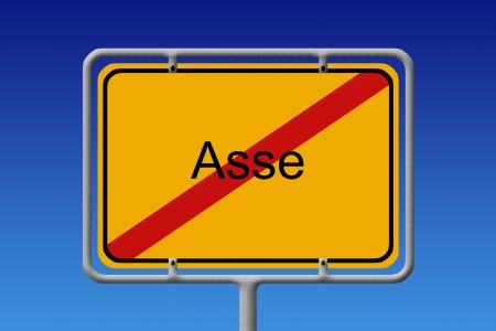 Illustration of a German city sign with the word Asse crossed out  highly controversial abandoned mine used as disposal zone for verry hazardous substance in germany の写真素材