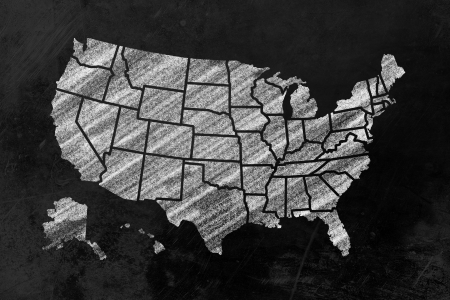the usa with its single states drawn on a blackboardの写真素材