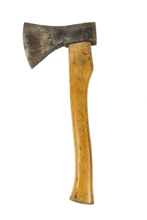 Used Ax with wooden handle isolated on white backgroundの写真素材