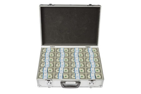 Open Silver Suitecase filled with bundles of dollar notesの写真素材