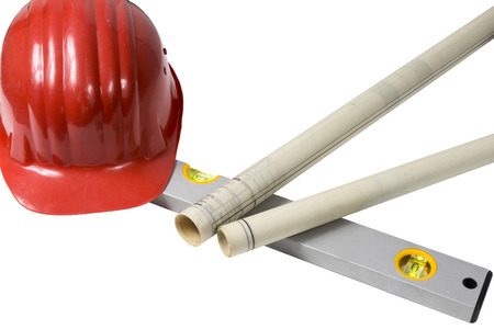  construction plan with red helmet and level isolated on white background