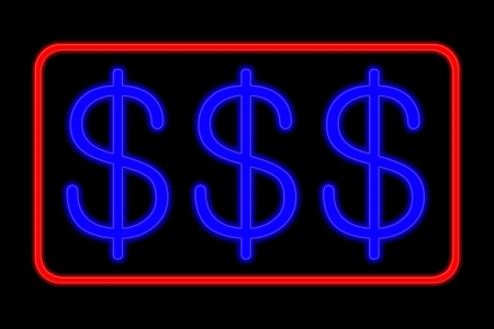 Illuminated Neon sign with blue Letters and red frame showing dollar isolated on black backgroundの写真素材
