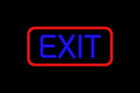 Illuminated Neon sign with blue Letters and red frame showing exit isolated on black backgroundの写真素材
