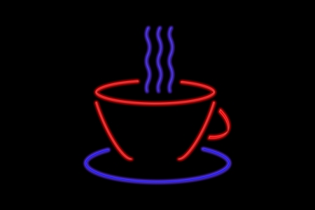 Illuminated Neon sign with a blue and red coffee cup isolated on black backgroundの写真素材