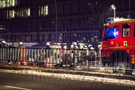 HAMBURG, GERMANY - JANUARY 28: Fire and Rescue Services at a severe car accident with four cars and six injured people, two of them jammed in their cars. 
on January 17, 2013 in Hamburgのeditorial素材