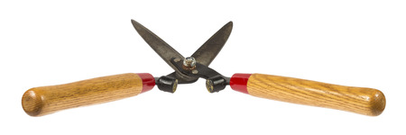 Used manual hedge clippers with black blades and wooden handles isolated on white の写真素材