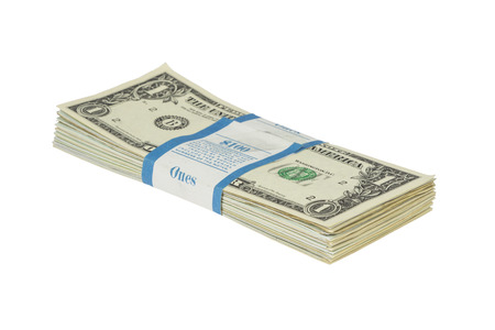 Bundle of one dollar notes with bandrole isolated on white の写真素材