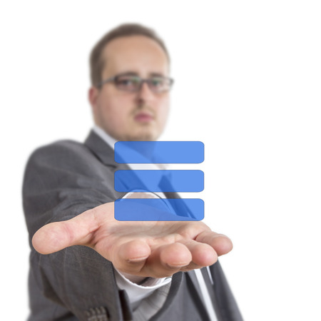 Business man reaches out his arm with a coloured blank list floating over his hand. Isolated on White Backgroundの写真素材