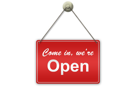 Illustration of a red "Open" sign isolated on white backgroundの写真素材