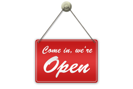 Illustration of a red "Open" sign isolated on white backgroundの写真素材