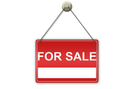 Illustration of a red "For Sale" sign isolated on white background with copy cpace on the signの写真素材