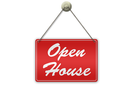 Illustration of a red "Open House" sign isolated on white backgroundの写真素材