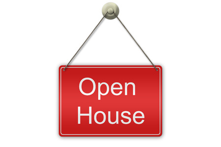 Illustration of a red "Open House" sign isolated on white backgroundの写真素材