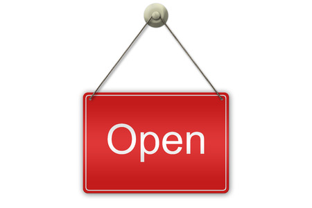 Illustration of a red "Open" sign isolated on white backgroundの写真素材