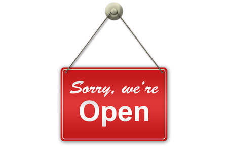 Illustration of a red "Open" sign isolated on white backgroundの写真素材