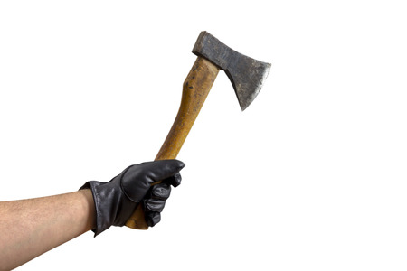 An Arm with black leather gloves holding a small axeの写真素材