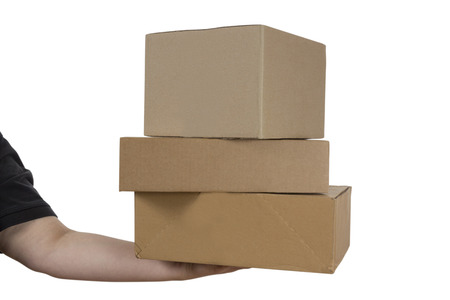 Arm handing out Parcels isolated on white backgroundの写真素材