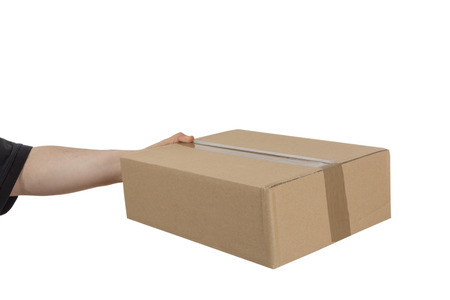 Arm handing out a Parcel isolated on white backgroundの写真素材