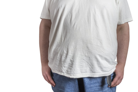 overweight Man in blue jeans and white t-shirt isolated on white backgroundの写真素材