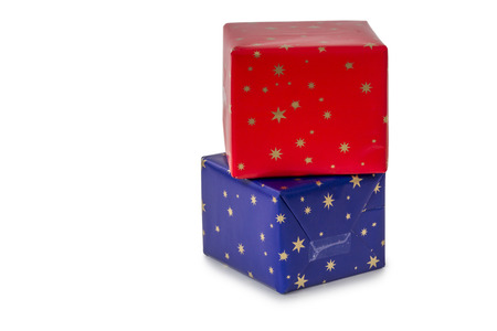 Two presents in blue and red wrapping paper isolated on white backgroundの写真素材