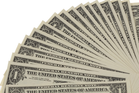 Fan of one dollar notes isolated on white background