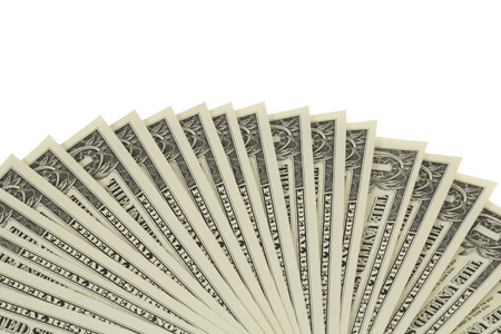 Fan of one dollar notes isolated on white backgroundの写真素材