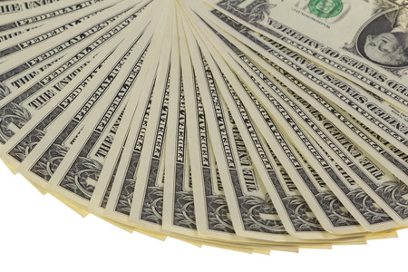 Fan of one dollar notes isolated on white backgroundの写真素材