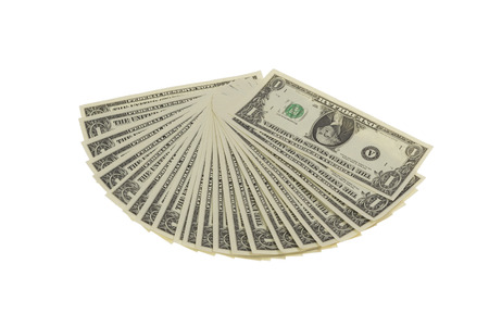 Fan of one dollar notes isolated on white backgroundの写真素材