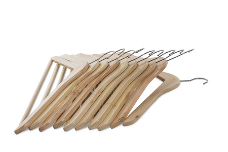 Set of wooden Hangers isolated on white backgroundの写真素材