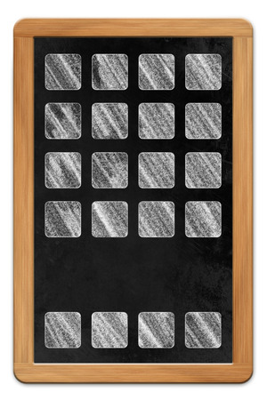 Blackboard with wooden frame and chalk drawn tablet computer app icons, isolated on white backroundの写真素材